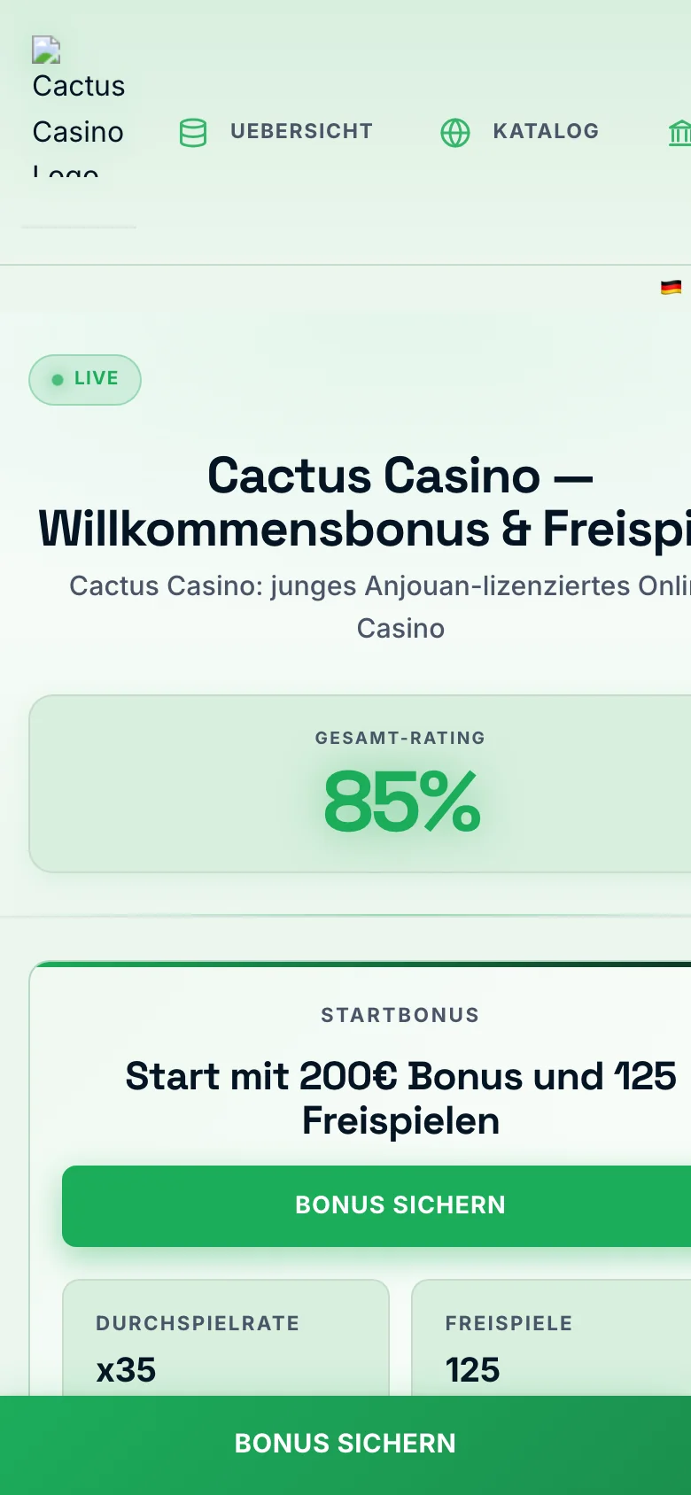 Cactus Casino mobile lobby screenshot
