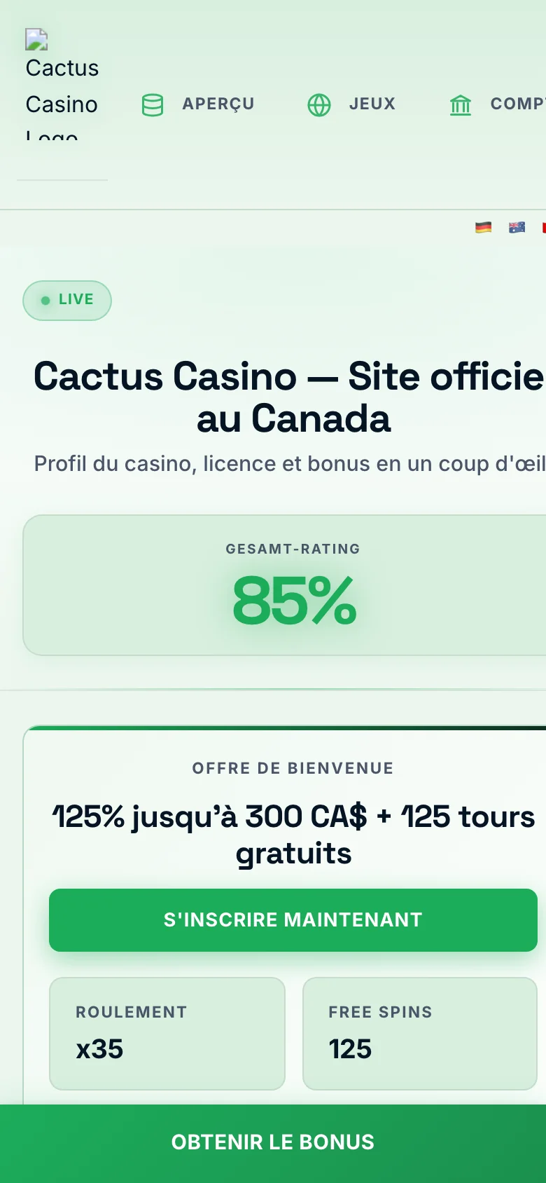 Cactus Casino mobile lobby screenshot